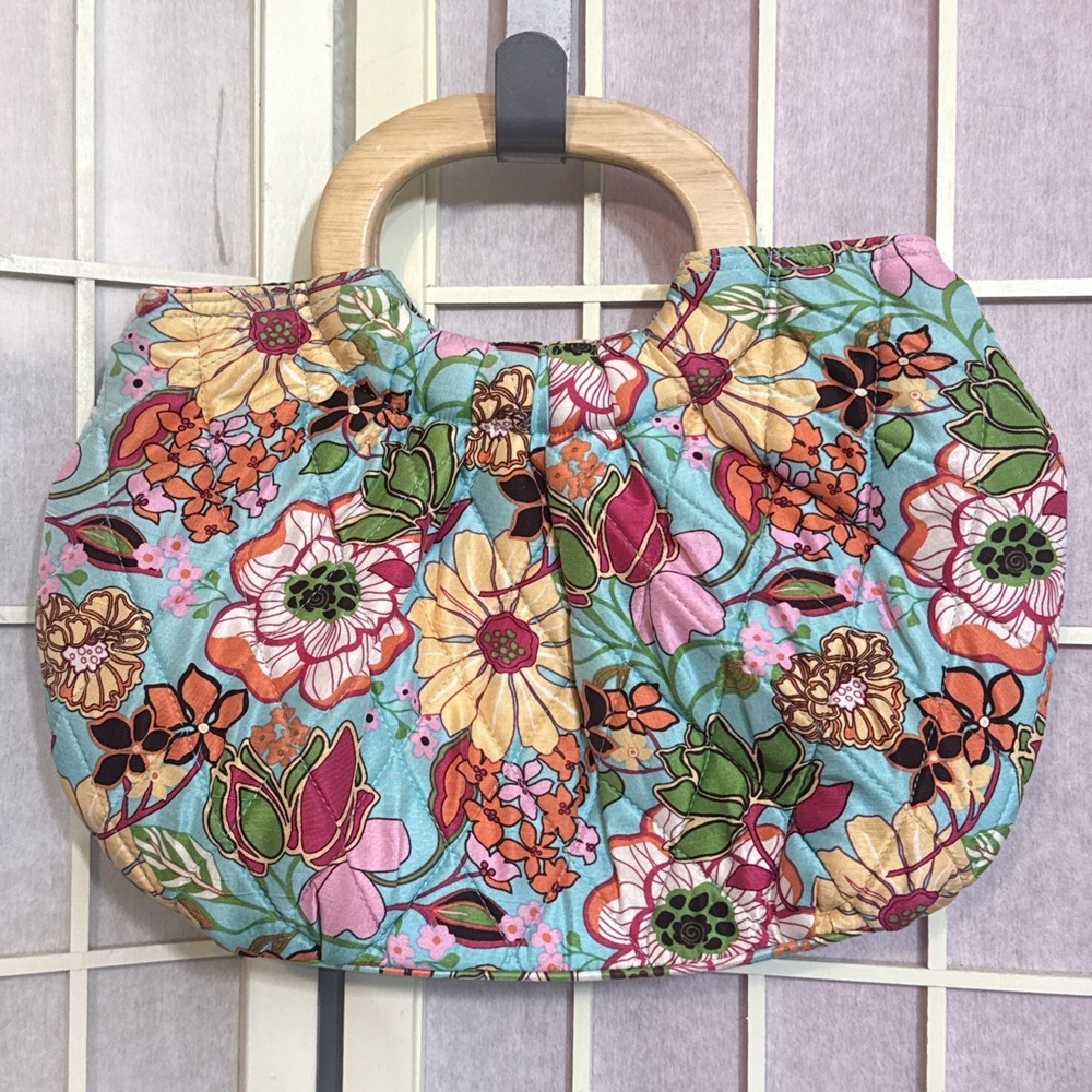 Vtg 2000s Vera Bradley Silk Quilted Floral Handbag Wooden Handles Pink Lining
